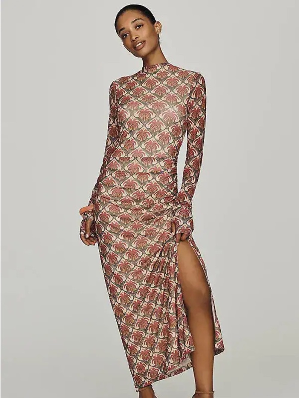 NWT Farm Rio Anthropologie SIZE LARGE Long-Sleeve Mock-Neck Mesh Slim Midi Dress